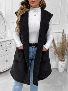 SHEIN LUNE Plus Dual Pocket Hooded Teddy Vest Coat - Black - View 4
