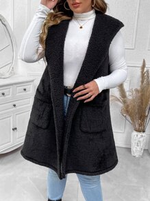 SHEIN LUNE Plus Dual Pocket Hooded Teddy Vest Coat - Black - View 5