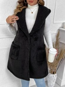 SHEIN LUNE Plus Dual Pocket Hooded Teddy Vest Coat - Black - View 6