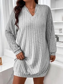 SHEIN LUNE Vestido sudadera de hombros caídos tejido de canalé - Gris Claro - Ver 2