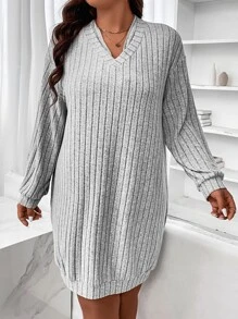 SHEIN LUNE Vestido sudadera de hombros caídos tejido de canalé - Gris Claro - Ver 3