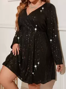 Allurite Váy sequin cổ tròn Plus cho trang phục dự tiệc ngày lễ - màu đen - Xem 1