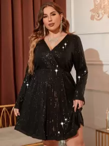Allurite Váy sequin cổ tròn Plus cho trang phục dự tiệc ngày lễ - màu đen - Xem 3