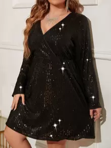 Allurite Váy sequin cổ tròn Plus cho trang phục dự tiệc ngày lễ - màu đen - Xem 4