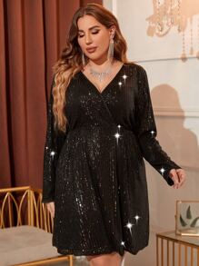 Allurite Váy sequin cổ tròn Plus cho trang phục dự tiệc ngày lễ - màu đen - Xem 5