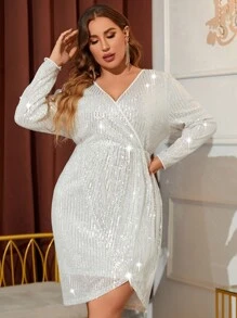 Cravure Plus Surplice Neck Wrap Sequin Dress - White - View 4