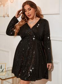 Allurite Váy sequin cổ tròn Plus cho trang phục dự tiệc ngày lễ - màu đen - Xem 7