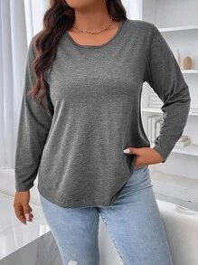 SHEIN LUNE Áo thun Plus size màu trơn Giải trí - Màu xám đen - Xem 1