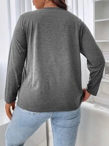SHEIN LUNE Áo thun Plus size màu trơn Giải trí - Màu xám đen - Xem 2