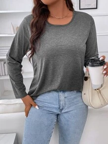 SHEIN LUNE Áo thun Plus size màu trơn Giải trí - Màu xám đen - Xem 3