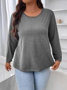 SHEIN LUNE Áo thun Plus size màu trơn Giải trí - Màu xám đen - Xem 4