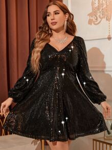 Allurite Plus Lantern Sleeve Sequin Dress - Black - View 7