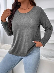SHEIN LUNE Áo thun Plus size màu trơn Giải trí - Màu xám đen - Xem 5