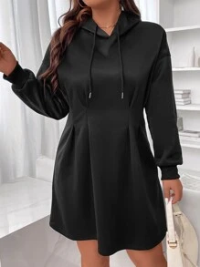 Flirla 大碼落肩袖抽繩連帽連衣裙