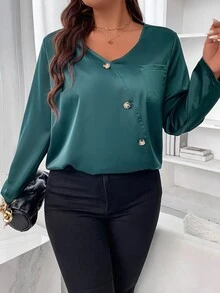 SHEIN Unity 大碼補丁貼口袋前紐扣襯衫 - 墨綠色 - 查看 3