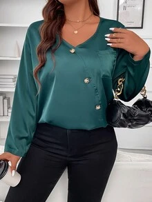 SHEIN Unity 大碼補丁貼口袋前紐扣襯衫 - 墨綠色 - 查看 4