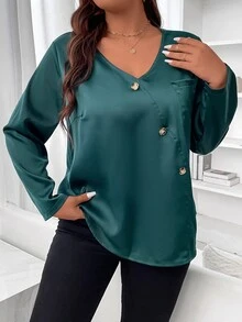 SHEIN Unity 大碼補丁貼口袋前紐扣襯衫 - 墨綠色 - 查看 6