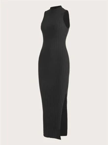 SHEIN EZwear 小高領高衩背心連衣裙 - 黑色 - 查看 4