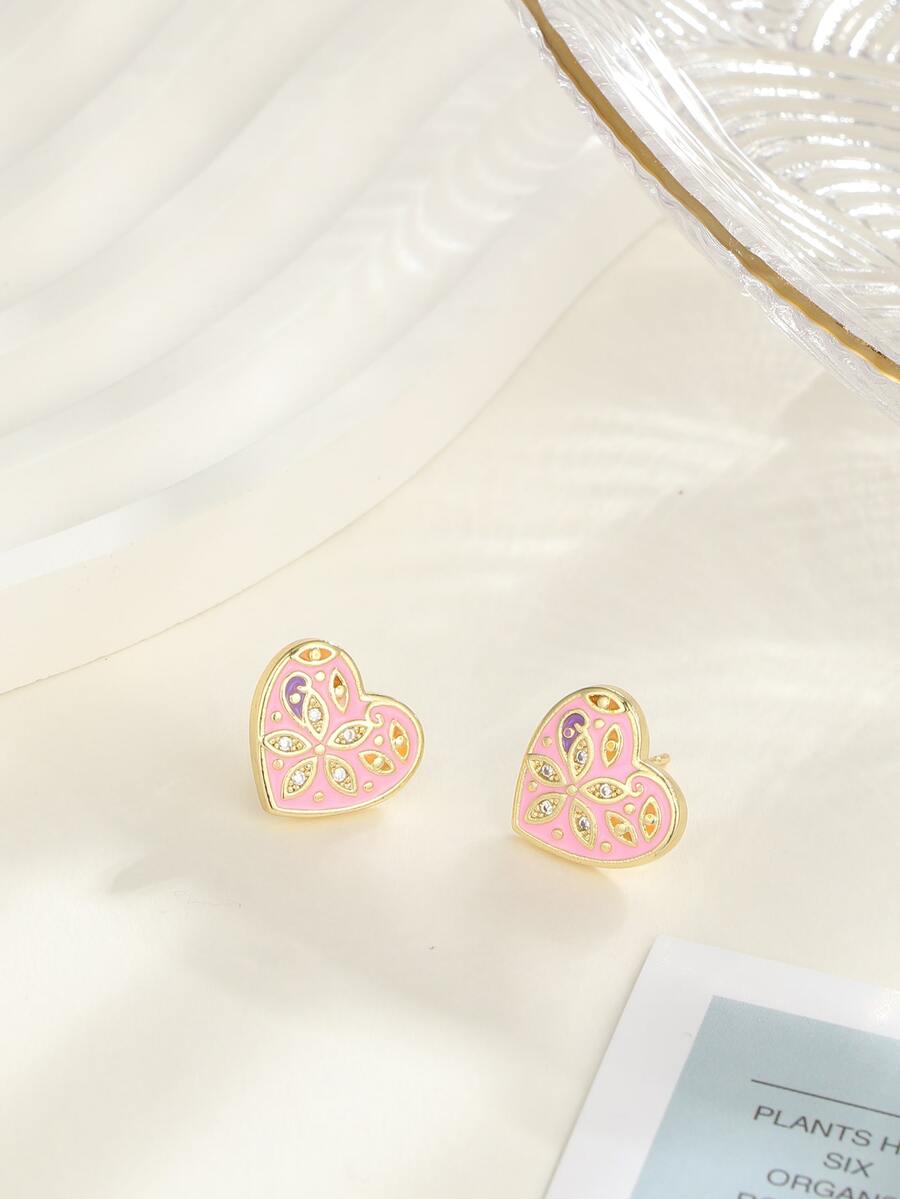 Flower Detail Heart Design Stud Earrings - Pink - View 1