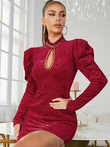 鏈條串珠鏤空羊腿袖緊身連衣裙 - 紅色 - 查看 3