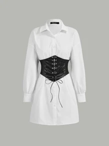 SHEIN MOD Đầm Ren lên Thùa khuyết Khối Màu Giải trí - trắng - Xem 1