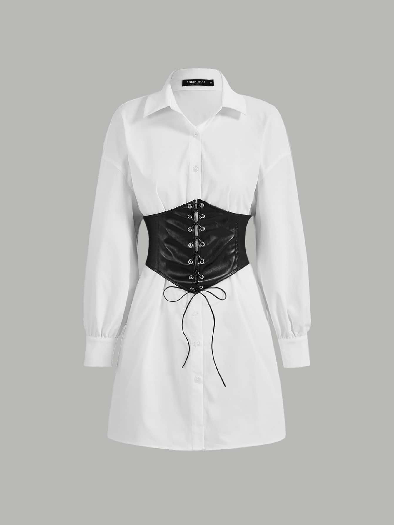 SHEIN MOD Đầm Ren lên Thùa khuyết Khối Màu Giải trí - trắng - Xem 1