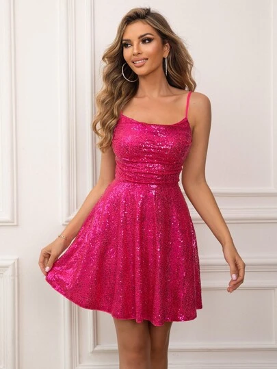 Joyfunear Draped Neck Lace Up Backless Sequin Cami Dress