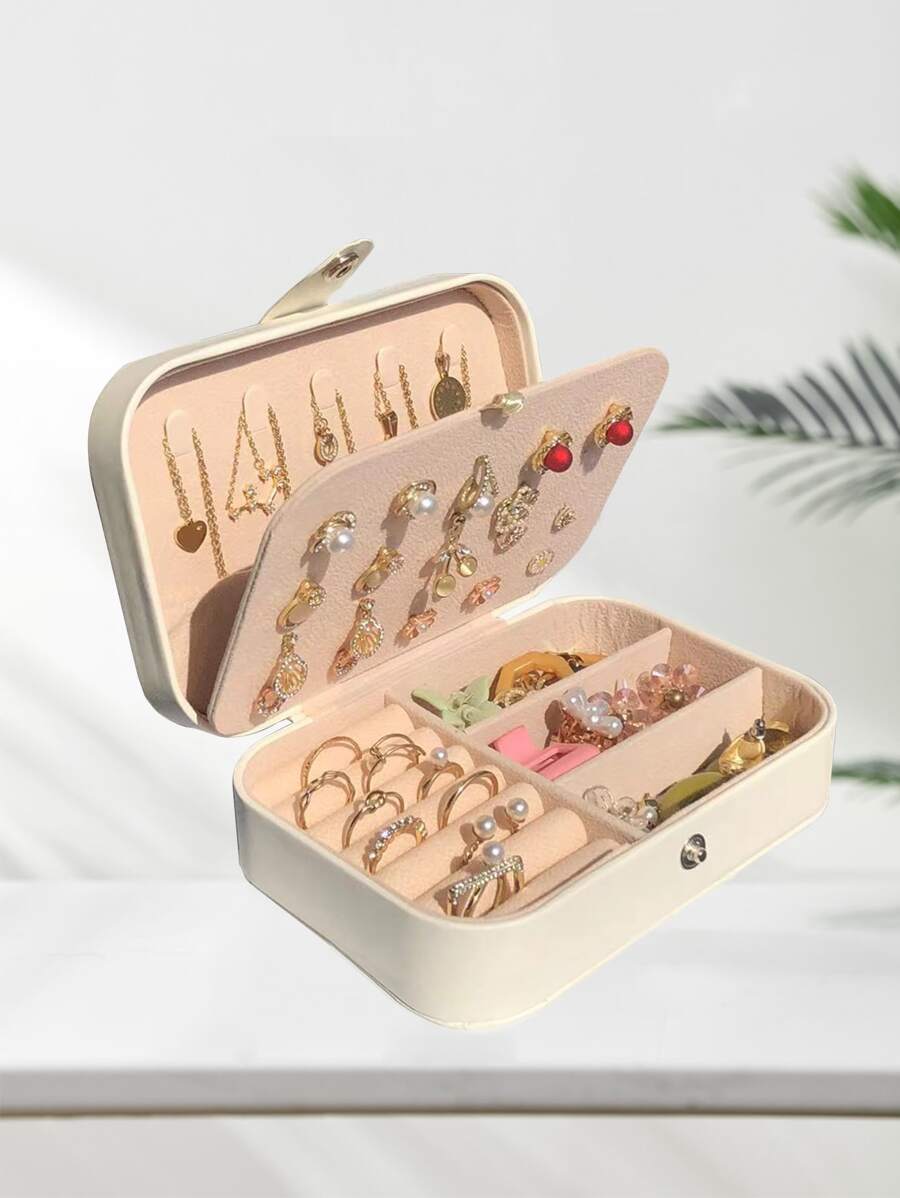 1pc Solid Color Jewelry Storage Box, Multifunction Compartment Ring Box, Necklace Organizer For Home
