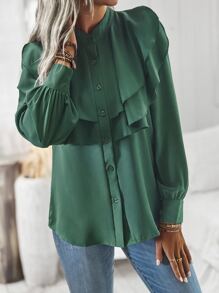 SHEIN VCAY Ruffle Trim Button Up Shirt - Green - View 3