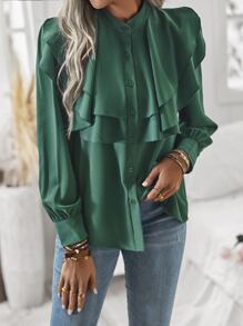 SHEIN VCAY Ruffle Trim Button Up Shirt - Green - View 5