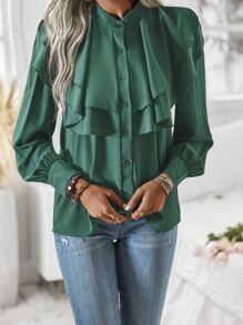 SHEIN VCAY Ruffle Trim Button Up Shirt - Green - View 6
