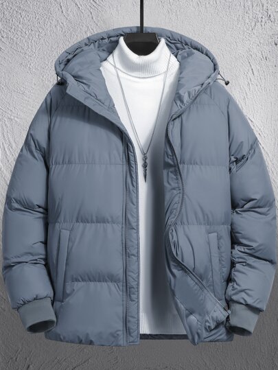 Manfinity Homme 1pc Men's Loose Fit Drawstring Hooded Zipper Padded Coat (No Sweater Included), Men Winter Jacket, Men Outerwear , Fall