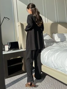 DAZY 3pcs Lace Trim Rib Knit Robe Set Pajama