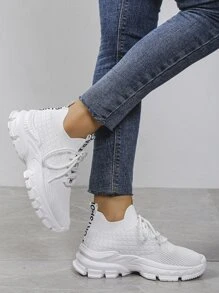 2025 Zapatillas de running ligeras y transpirables de malla para mujer en otoño, cómodas zapatillas deportivas de suela gruesa y parte superior baja - Blanco - Ver 2