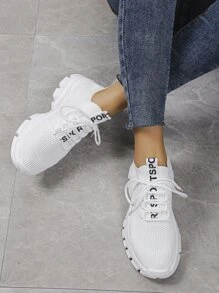 2025 Zapatillas de running ligeras y transpirables de malla para mujer en otoño, cómodas zapatillas deportivas de suela gruesa y parte superior baja - Blanco - Ver 4