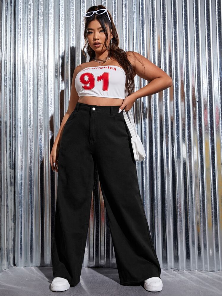 SHEIN EZwear Plus High Waist Flare Leg Jeans Black Baggy Jeans - Black - View 3