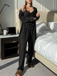 DAZY 3pcs Lace Trim Rib Knit Robe Set Pajama