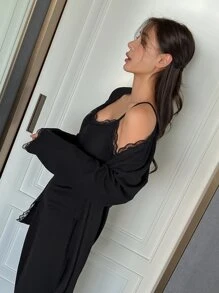 DAZY 3pcs Lace Trim Rib Knit Robe Set Pajama