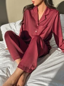 DAZY Bộ đồ ngủ Nữ Túi Nút phía trước màu trơn Giải trí - Màu Đỏ Sâu - Xem 3