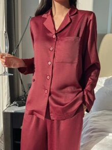 DAZY Bộ đồ ngủ Nữ Túi Nút phía trước màu trơn Giải trí - Màu Đỏ Sâu - Xem 6