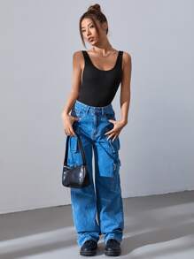 SHEIN Essnce Solid Backless Tank Bodysuit - Black - View 5