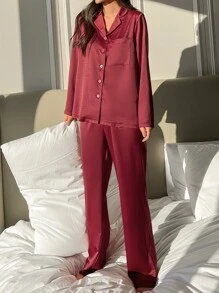 DAZY Bộ đồ ngủ Nữ Túi Nút phía trước màu trơn Giải trí - Màu Đỏ Sâu - Xem 4