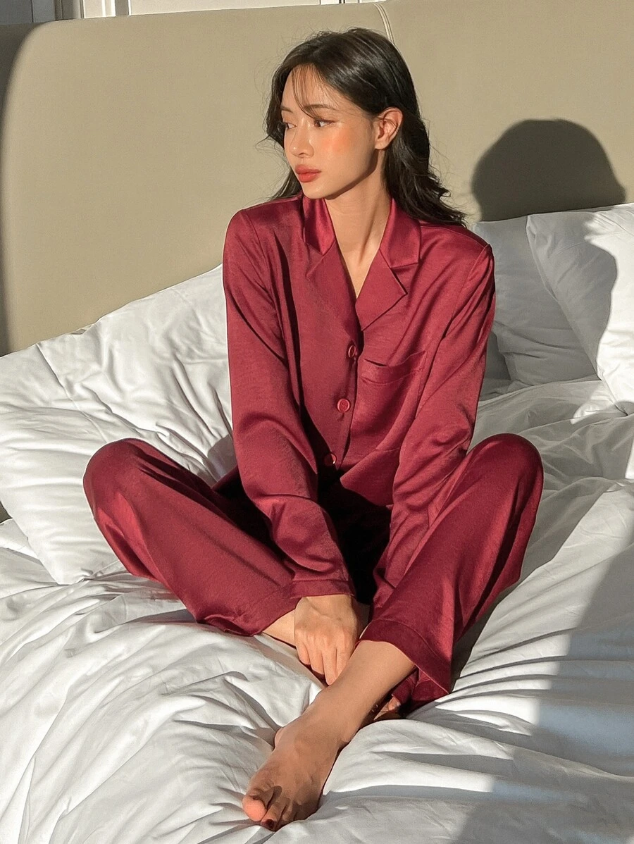 DAZY Bộ đồ ngủ Nữ Túi Nút phía trước màu trơn Giải trí - Màu Đỏ Sâu - Xem 1