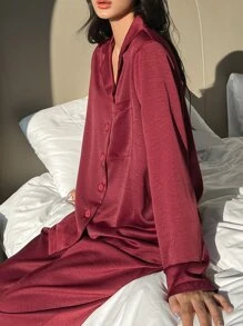 DAZY Bộ đồ ngủ Nữ Túi Nút phía trước màu trơn Giải trí - Màu Đỏ Sâu - Xem 5