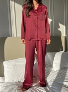 DAZY Bộ đồ ngủ Nữ Túi Nút phía trước màu trơn Giải trí - Màu Đỏ Sâu - Xem 7