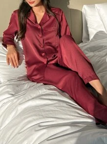 DAZY Bộ đồ ngủ Nữ Túi Nút phía trước màu trơn Giải trí - Màu Đỏ Sâu - Xem 8