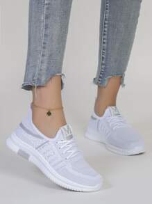 Patch Detail Lace-up Front Running Shoes - White - View 3