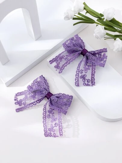 2pcs Lolita Style Purple Lace Bow Hair Clips, 14+ Suitable For Dates, Photos, Soft & Gentle Aesthetic Headwear