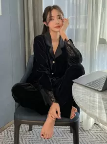 DAZY Lace Panel Lapel Neck Velvet Top & Pants Pajama Set, Fall Winter Clothes, Cozy - Black - View 1