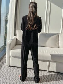 DAZY Lace Panel Lapel Neck Velvet Top & Pants Pajama Set, Fall Winter Clothes, Cozy - Black - View 2